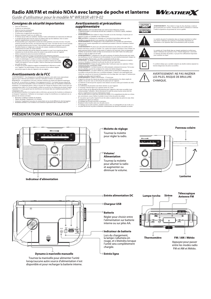 Page 1 de la notice Manuel utilisateur Weather X WR383R