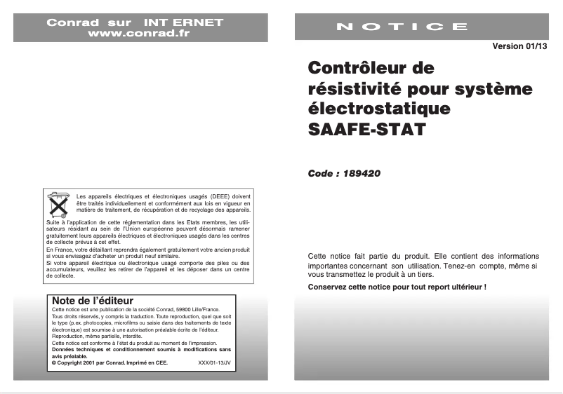 Page n°1 - Manuel utilisateur BJZ SAFE-STAT C-186