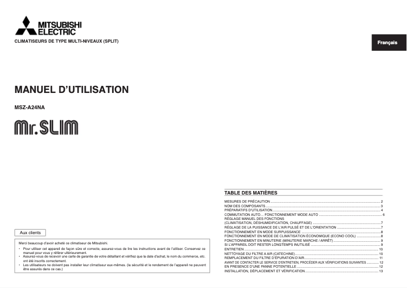 Page 1 de la notice Manuel utilisateur Mitsubishi Mr. Slim MSZ-A24NA