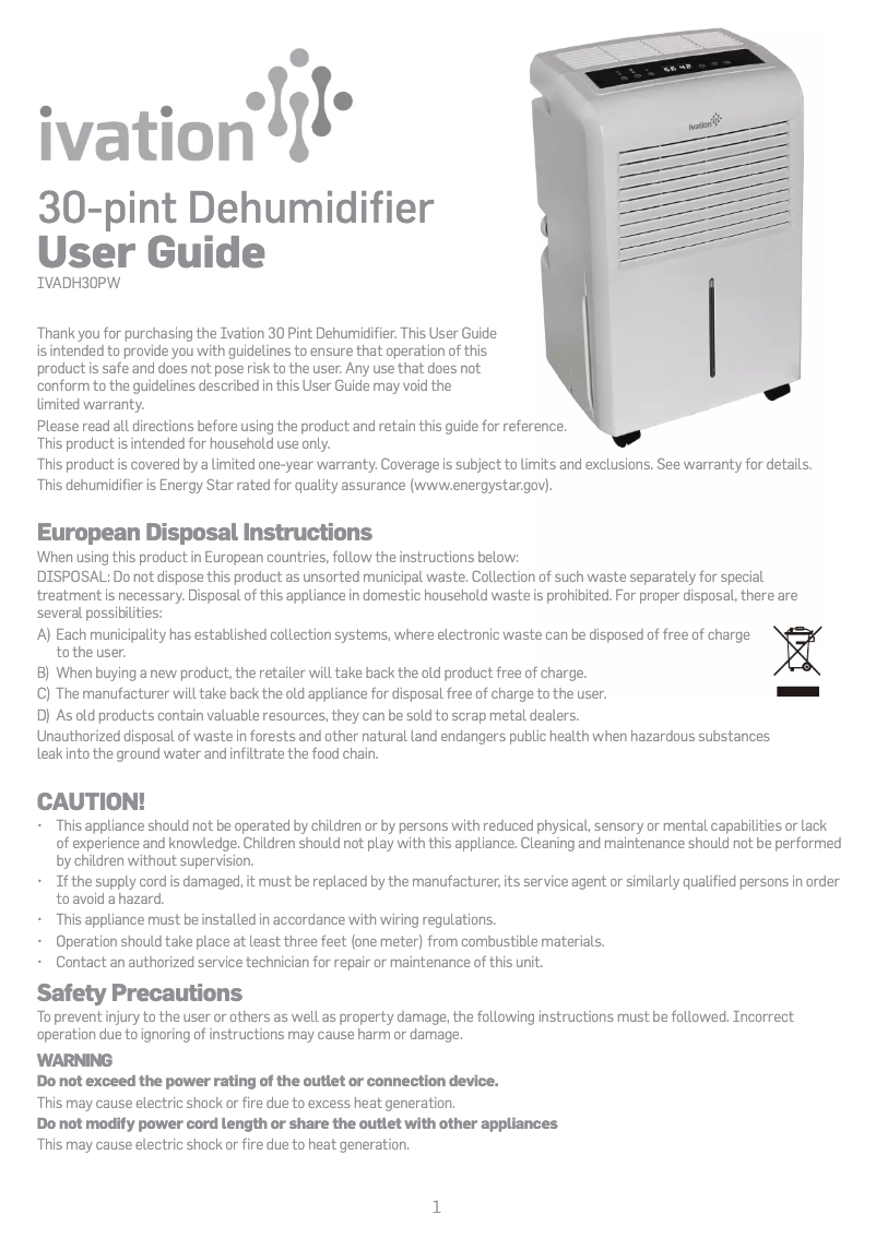 Page 1 de la notice Manuel utilisateur Ivation IVADH30PW