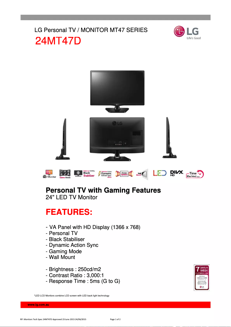 Página 1 del manual Ficha técnica LG 24MT47D