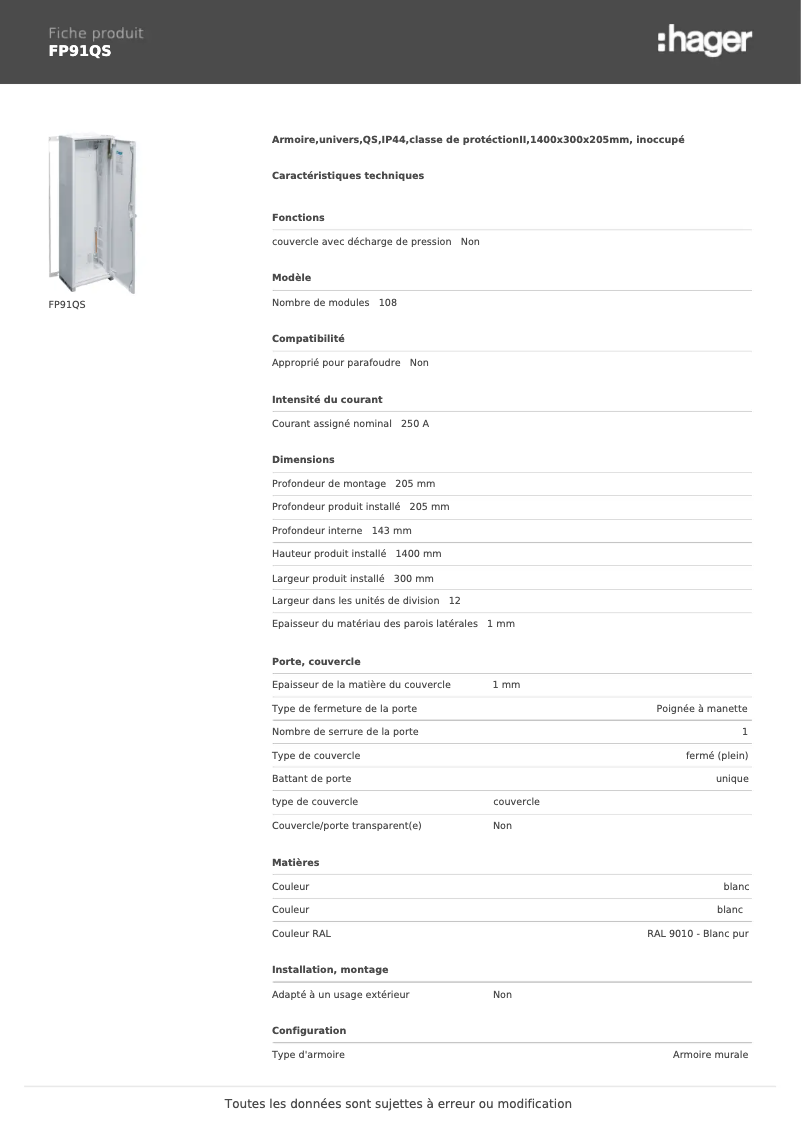 Page n°1 - Manuel utilisateur Hager FP91QS