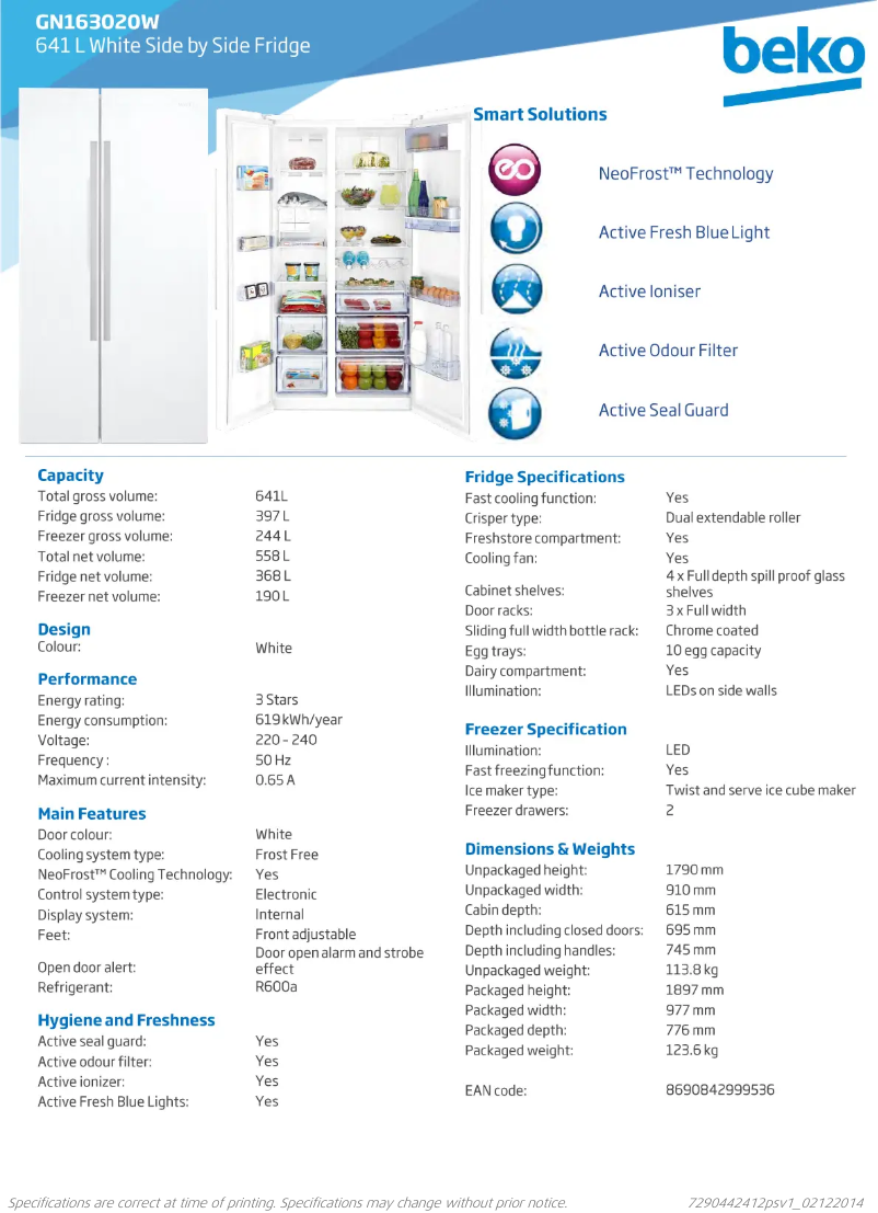 Page 1 de la notice Fiche technique Beko GN163020W