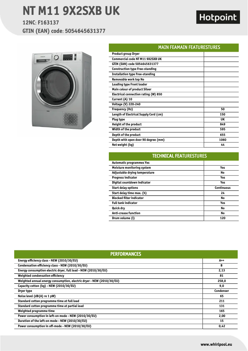 Page n°1 - Fiche technique Hotpoint NT M11 9X2SXB UK