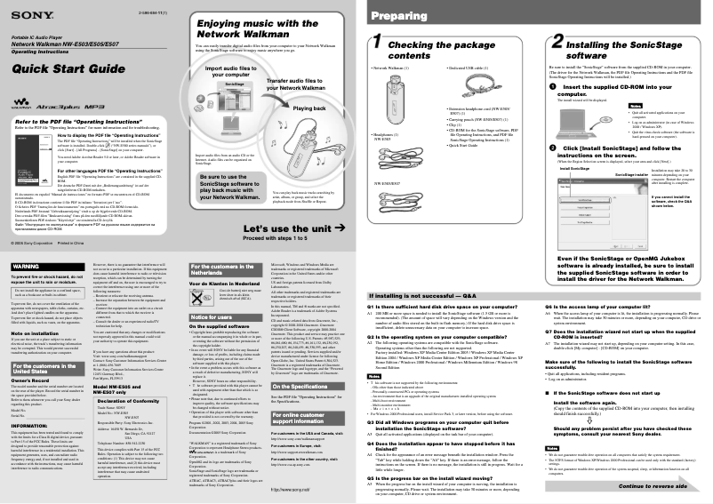 Page n°1 - Guide d'installation Sony Walkman NW-E505
