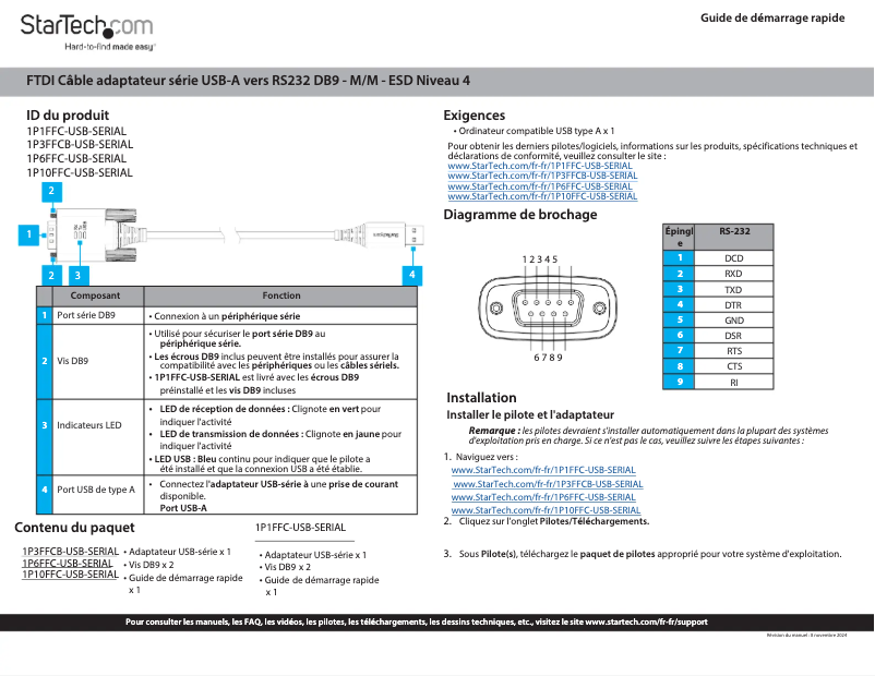 Page 1 de la notice Manuel utilisateur StarTech.com 1P3FFCB-USB-SERIAL