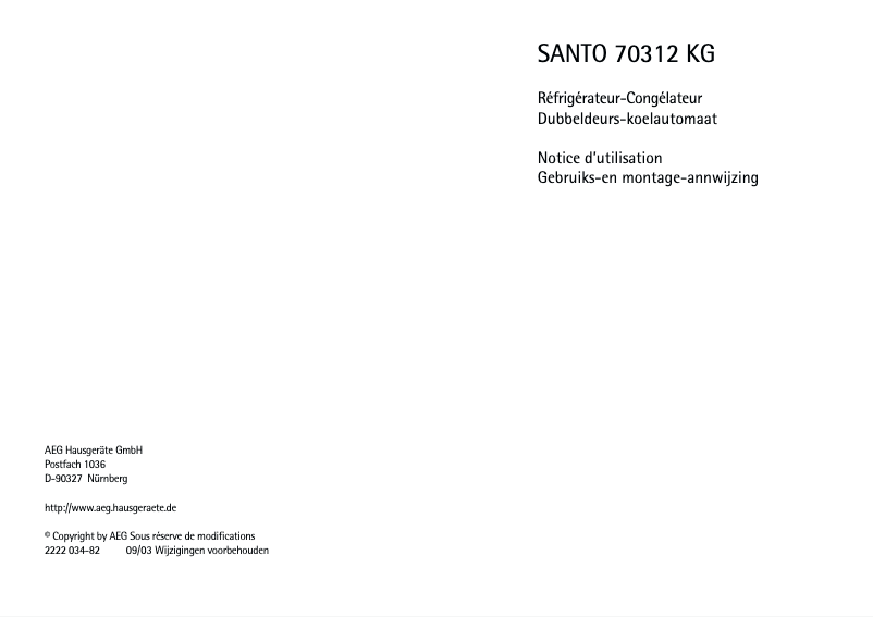 Page 1 de la notice Manuel utilisateur AEG Santo 70312 KG