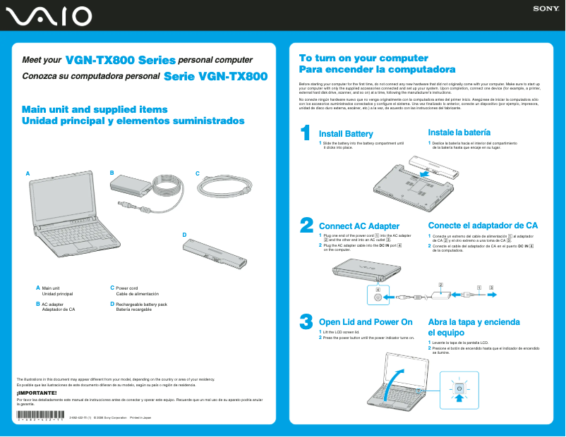 Page 1 de la notice Guide d'installation Sony Vaio VGN-TX850P