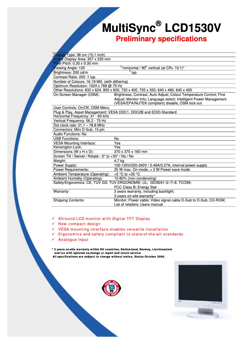 Página 1 del manual Ficha técnica NEC MultiSync LCD1530V
