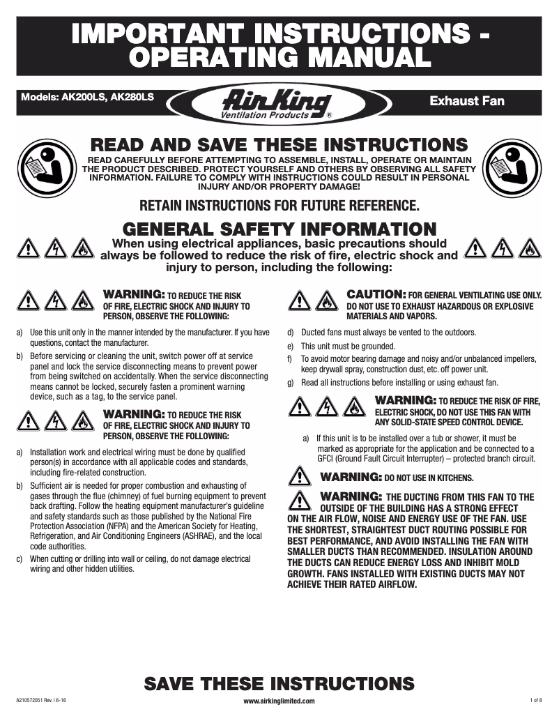 Page 1 de la notice Manuel utilisateur Air King AK280LS