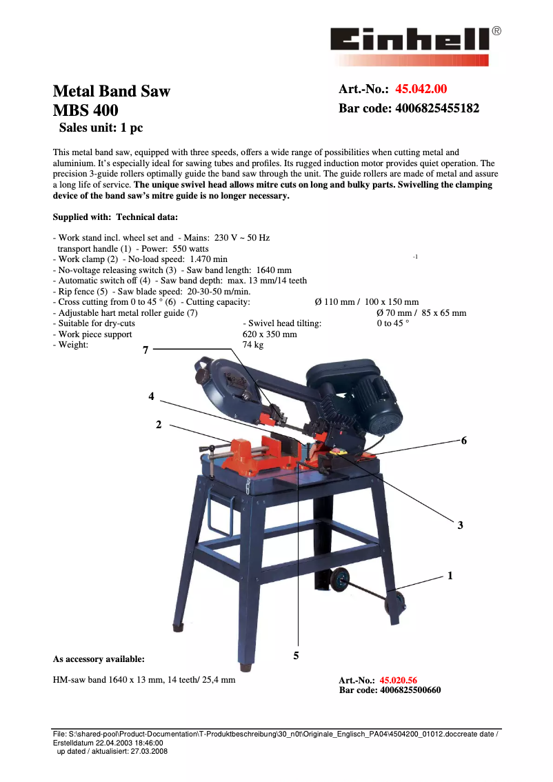 Page n°1 - Fiche technique Einhell MBS 400