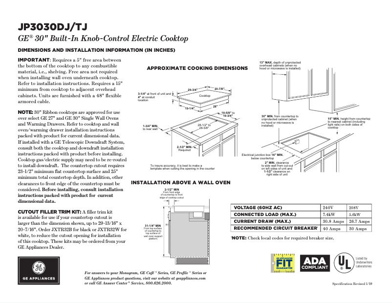 Page 1 de la notice Fiche technique GE JP3530TJWW