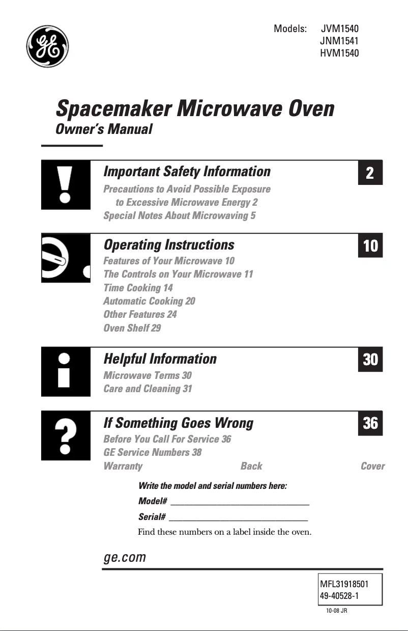 Page 1 de la notice Manuel utilisateur GE Spacemaker JVM1540DNCC