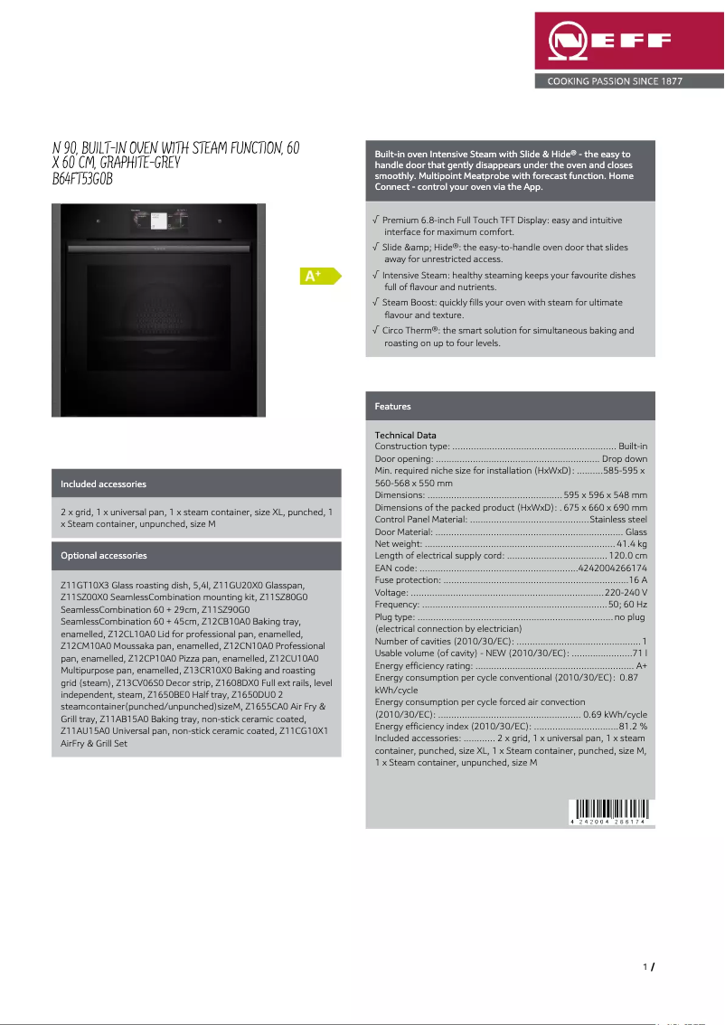 Page 1 de la notice Fiche technique Neff B64FT53G0B