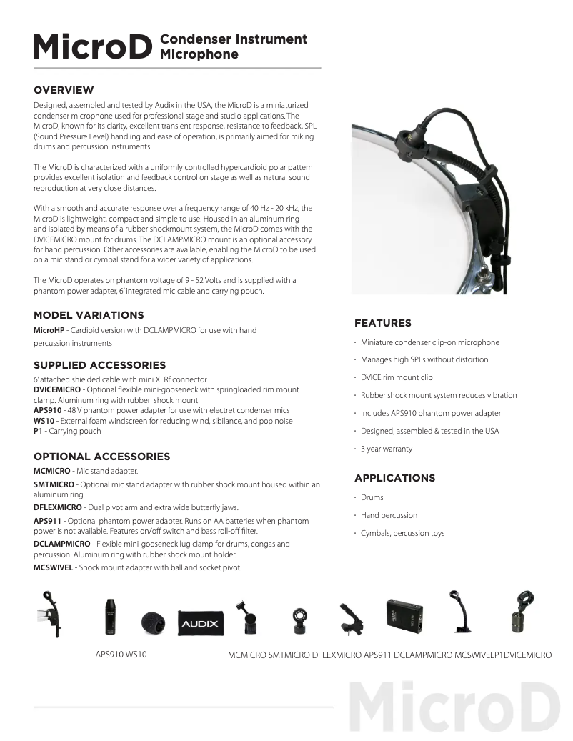 Page 1 de la notice Fiche technique Audix Micro-D