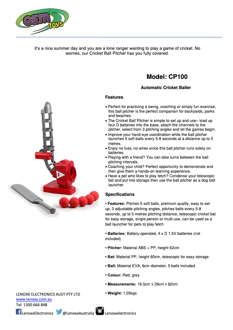 Page n°1 - Fiche technique Gem Toys CP100