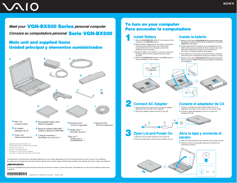 Page 1 de la notice Guide d'installation Sony Vaio VGN-BX546BW