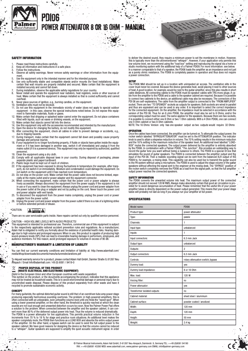 Page 1 de la notice Manuel utilisateur Palmer PDI06