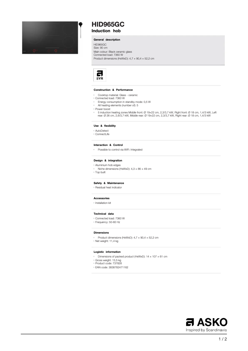Page 1 de la notice Fiche technique Asko HID965GC