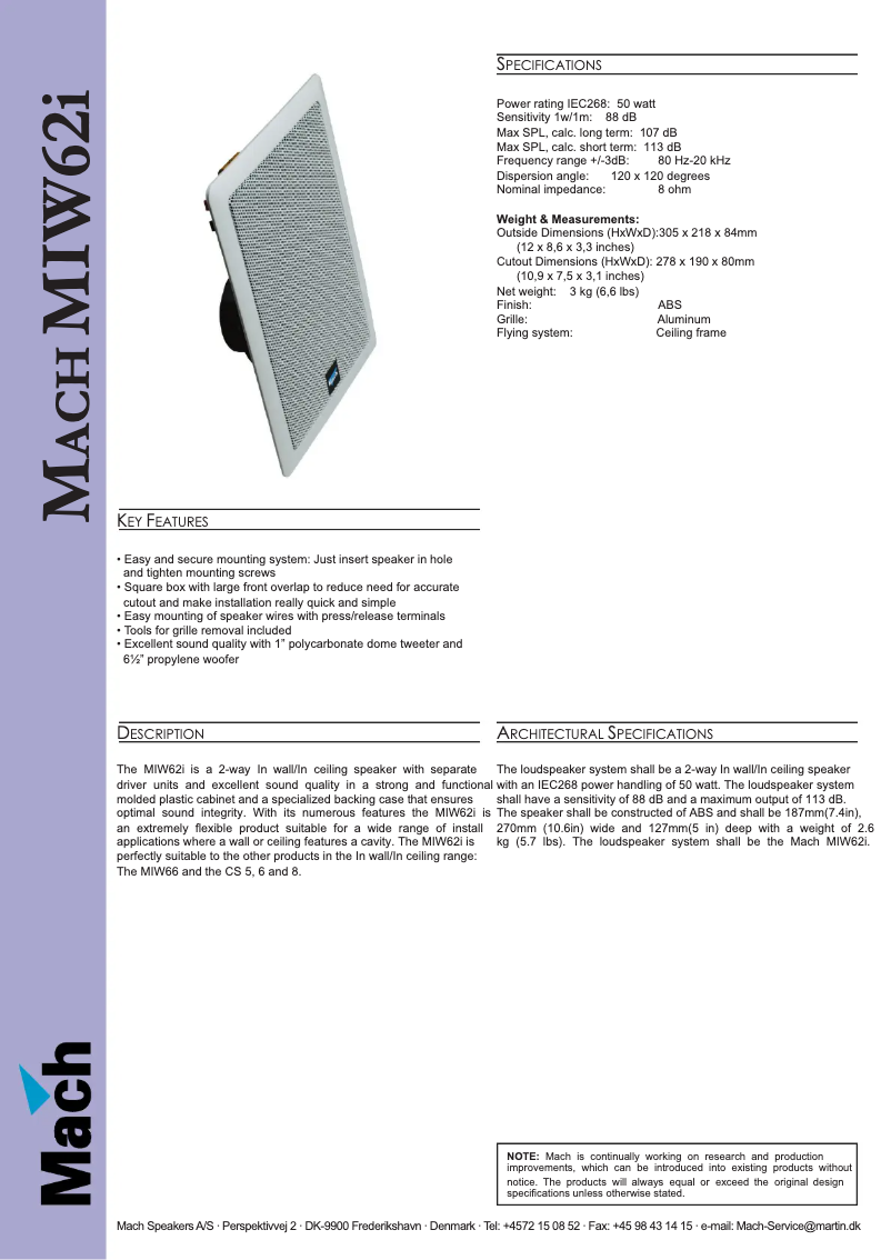Page n°1 - Fiche technique Martin Mach MIW62i