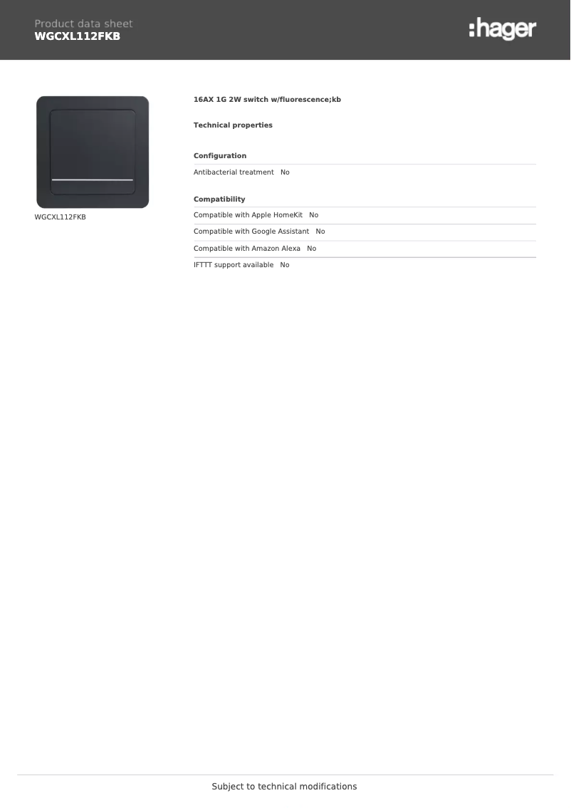 Page n°1 - Fiche technique Hager WGCXL112FKB