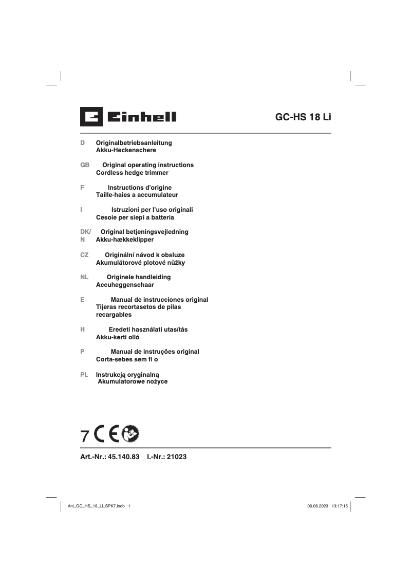 Página 1 del manual Manual de usuario Einhell GC-HS 18 Li