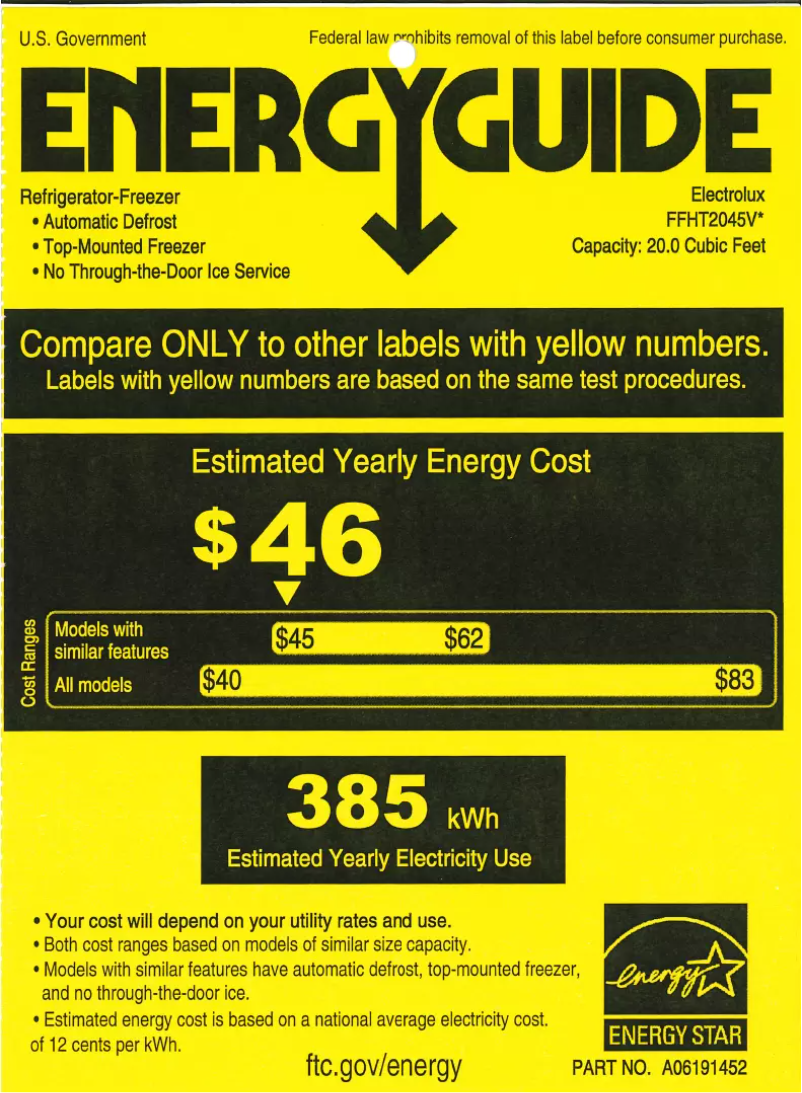 Page 1 de la notice Label énergétique Frigidaire FFHT2045VS