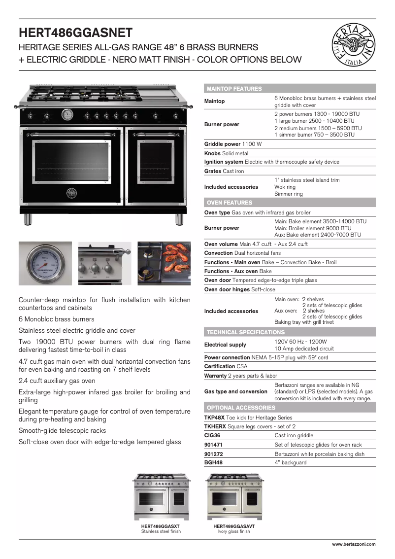 Page 1 de la notice Fiche technique Bertazzoni HERT486GGASNET
