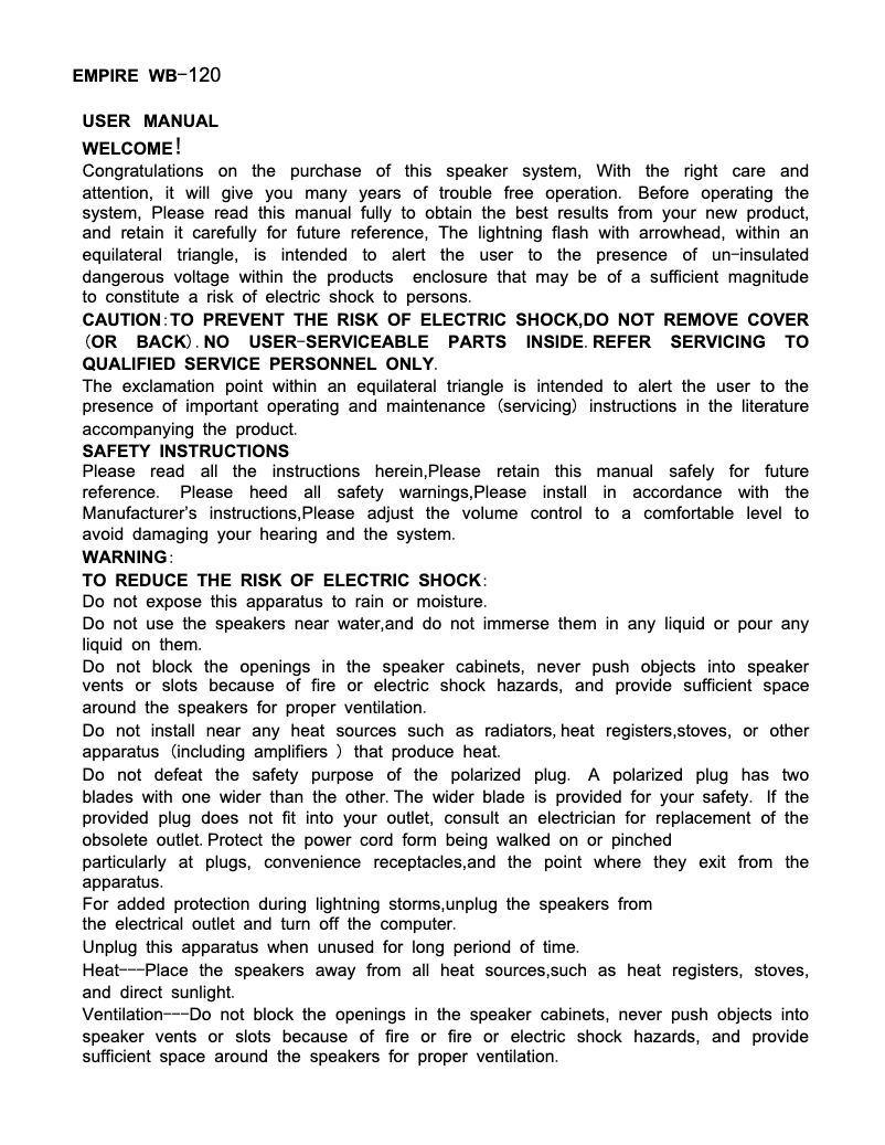 Page 1 de la notice Manuel utilisateur Empire WB-120