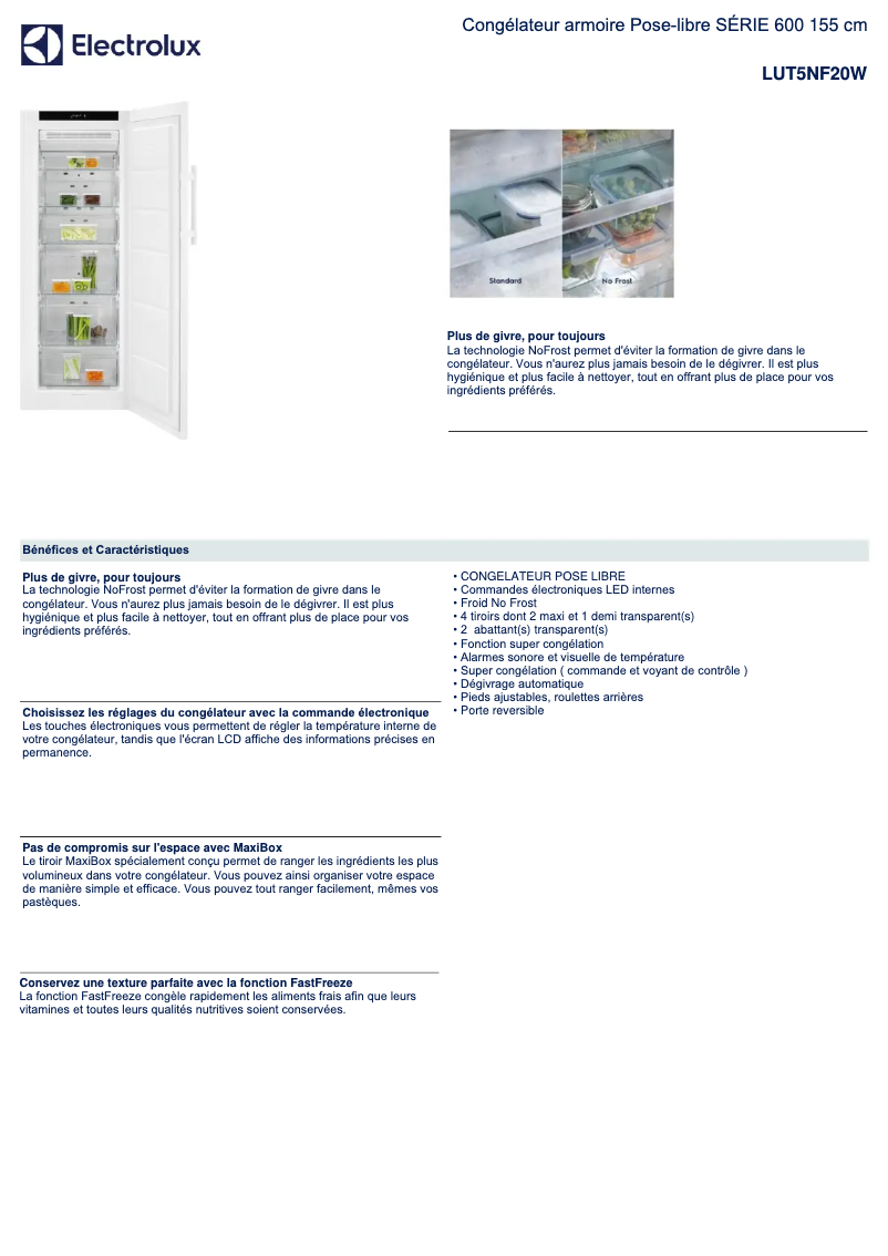 Page 1 de la notice Fiche technique Electrolux LUT5NF20W