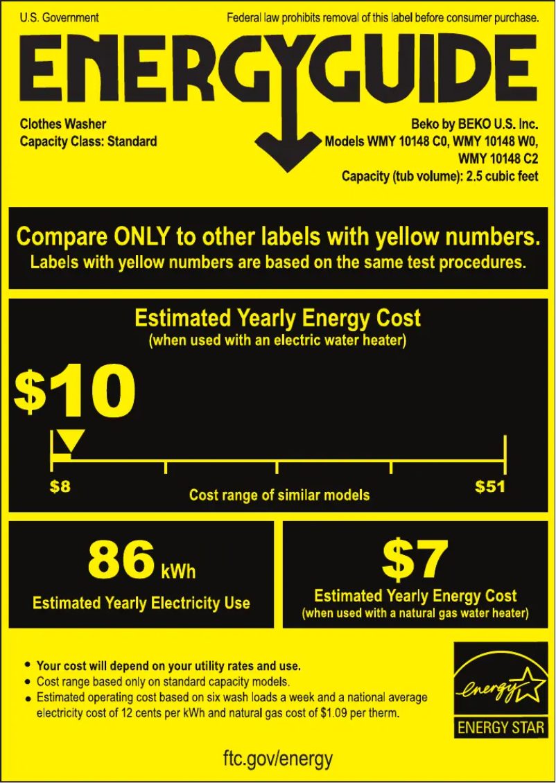 Page 1 de la notice Label énergétique Beko WMY10148C2
