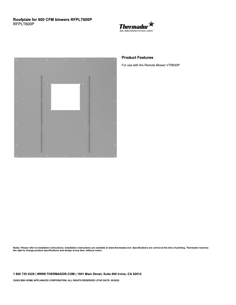 Page 1 de la notice Fiche technique Thermador RFPLT600P