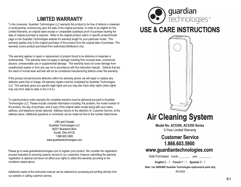 Page 1 de la notice Manuel utilisateur GermGuardian AC5300