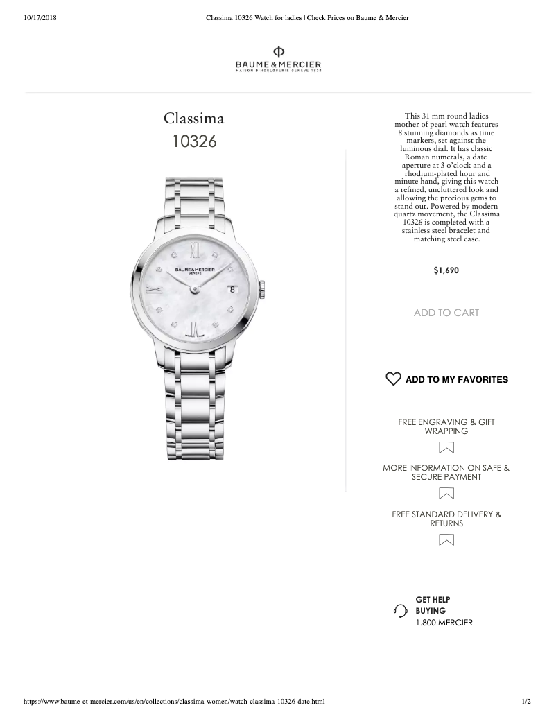 Página 1 del manual Ficha técnica Baume & Mercier Classima 10326