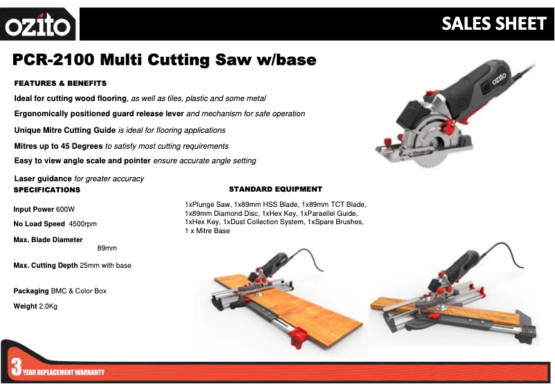 Page 1 de la notice Fiche technique Ozito PCR-2100