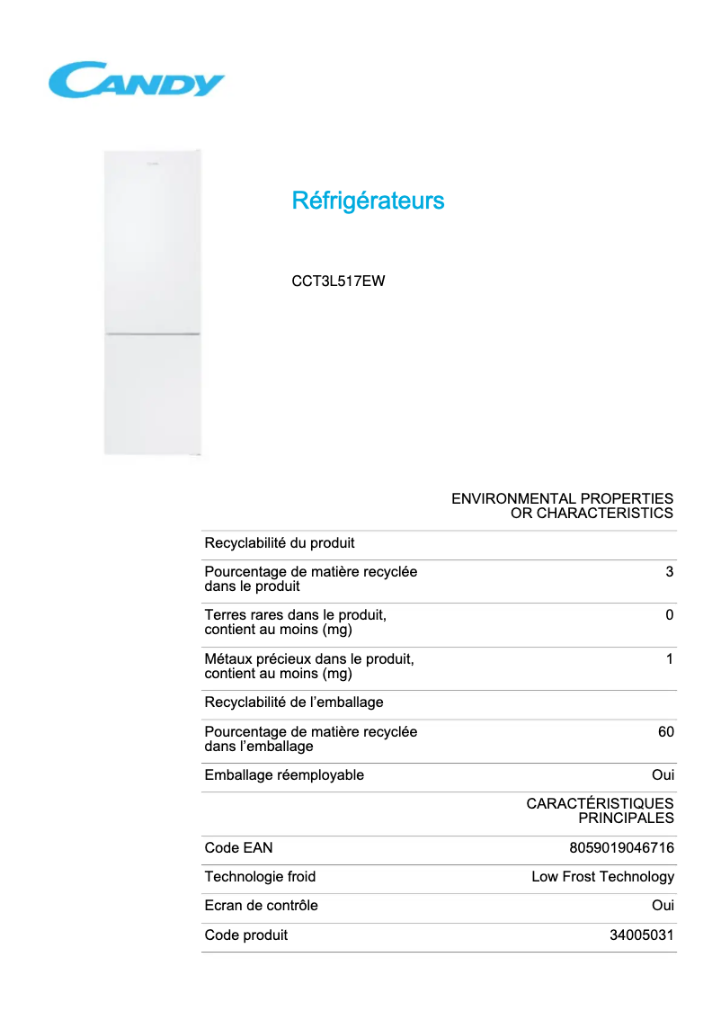 Page 1 de la notice Fiche technique Candy CCT3L517EW