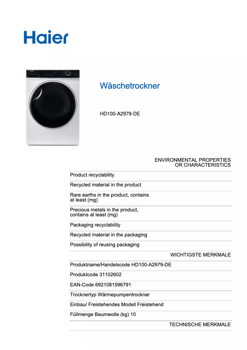 Page 1 de la notice Fiche technique Haier HD100-A3S979