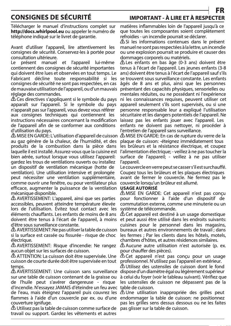 Page 1 de la notice Manuel utilisateur Whirlpool TGML 650 IX