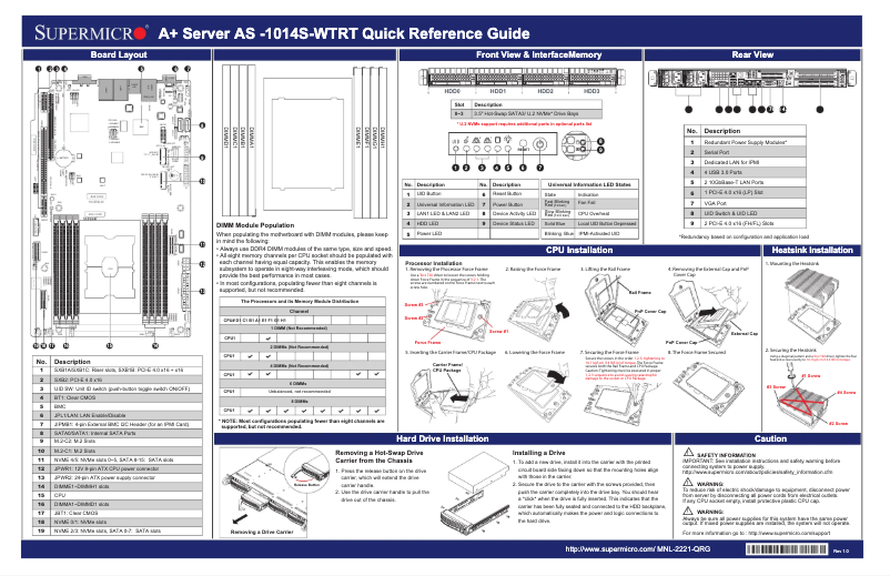 Page 1 de la notice Guide de démarrage rapide Supermicro A+ Server 1014S-WTRT