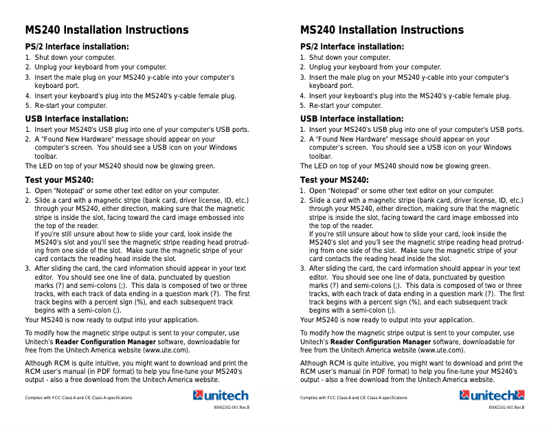Page 1 de la notice Manuel utilisateur Unitech MS241