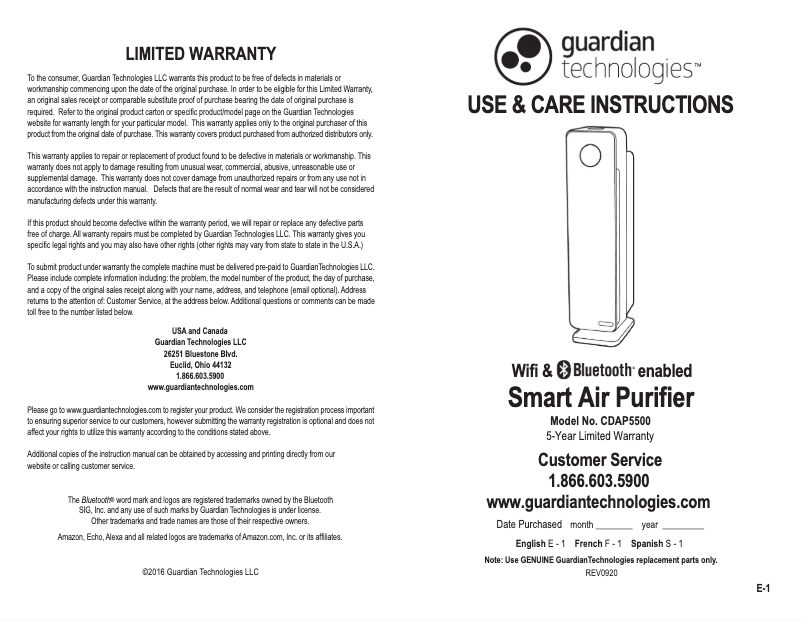 Page n°1 - Manuel utilisateur GermGuardian CDAP5500