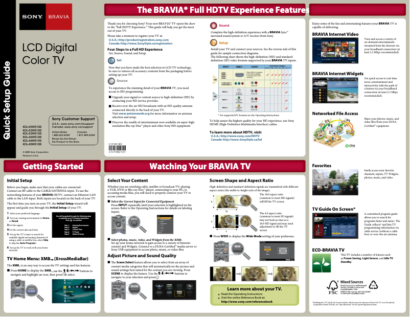 Page 1 de la notice Guide d'installation Sony Bravia KDL-40W5100
