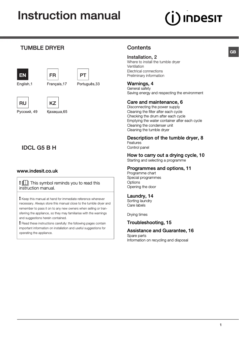 Page 1 de la notice Manuel utilisateur Indesit IDCL G5 B H