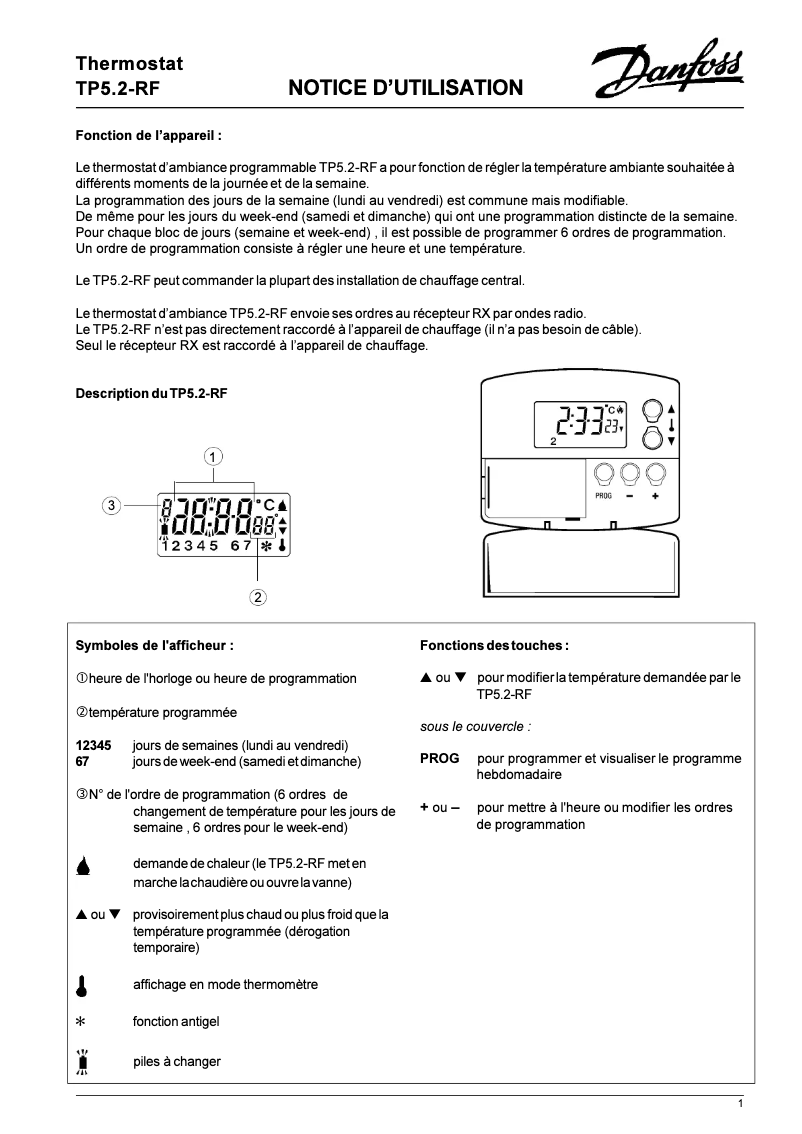 Page 1 de la notice Manuel utilisateur Danfoss TP5.2-RF