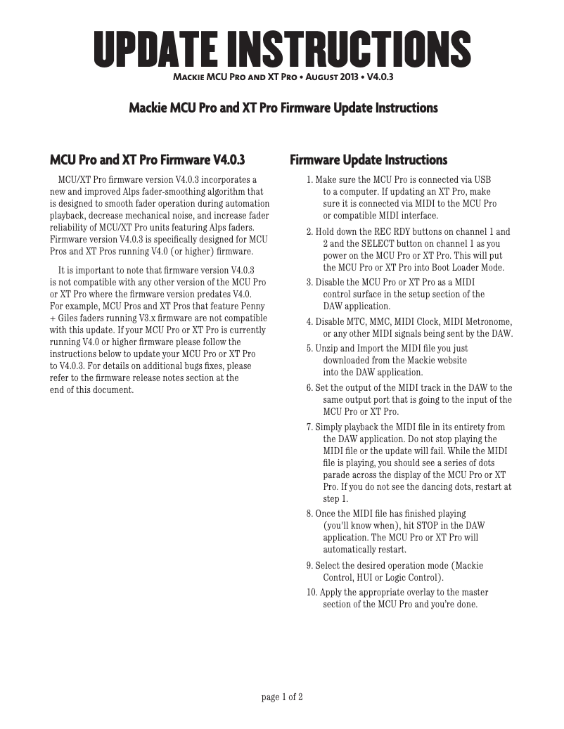 Page 1 de la notice Guide d'installation Mackie MCU Pro
