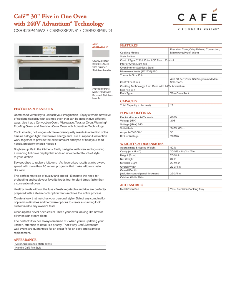 Página 1 del manual Ficha técnica GE Café CSB923P3ND1