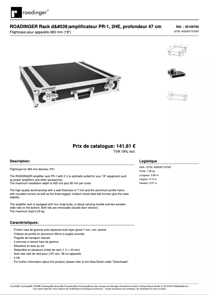 Page 1 de la notice Fiche technique Roadinger Amplifier Rack PR-1
