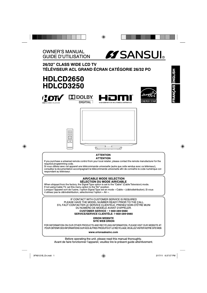 Page n°1 - Manuel utilisateur Sansui HDLCD3250