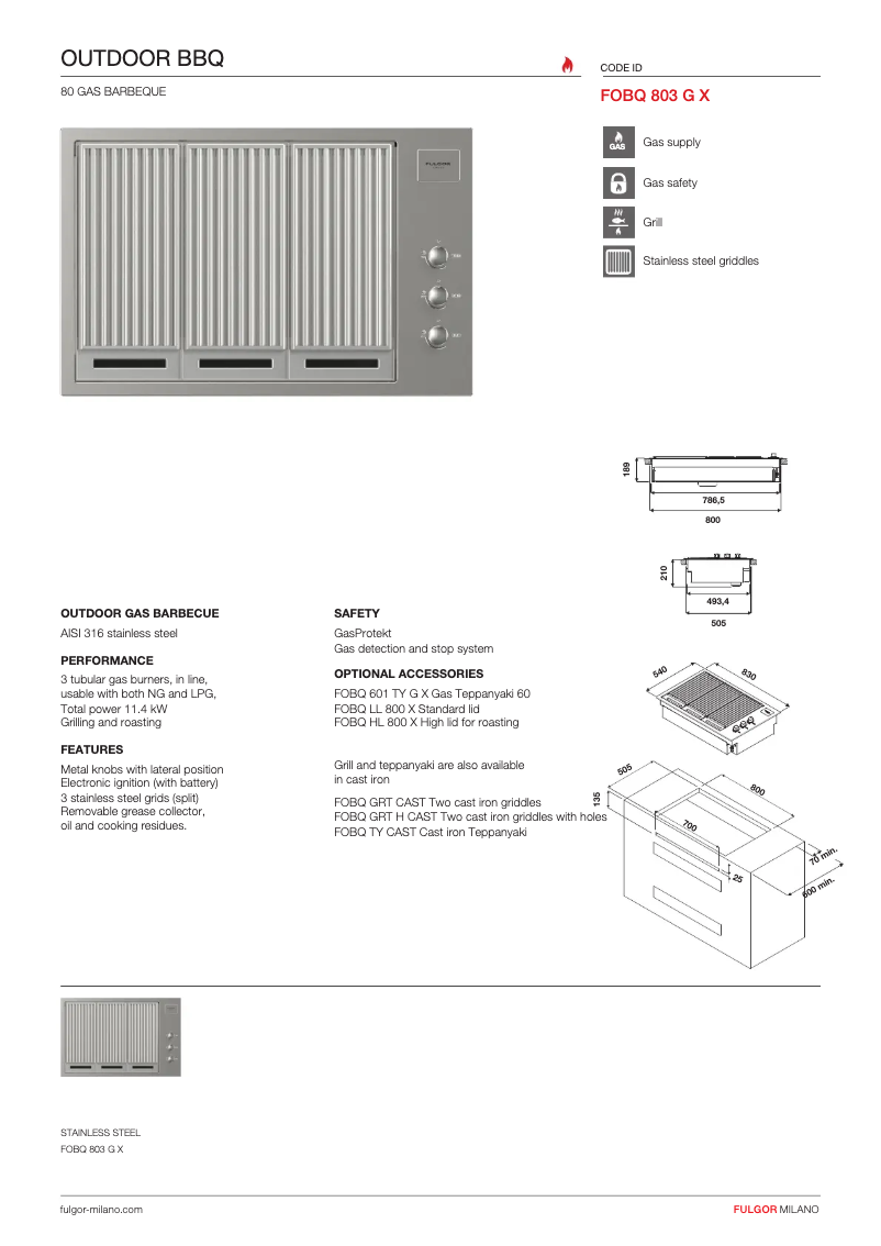 Page 1 de la notice Fiche technique Fulgor Milano FOBQ 803 G X
