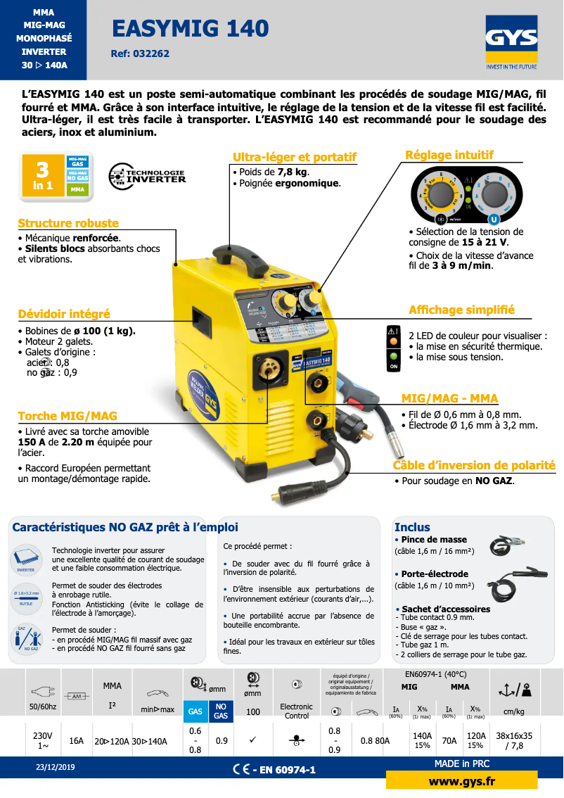Page n°1 - Fiche technique GYS Easymig 140